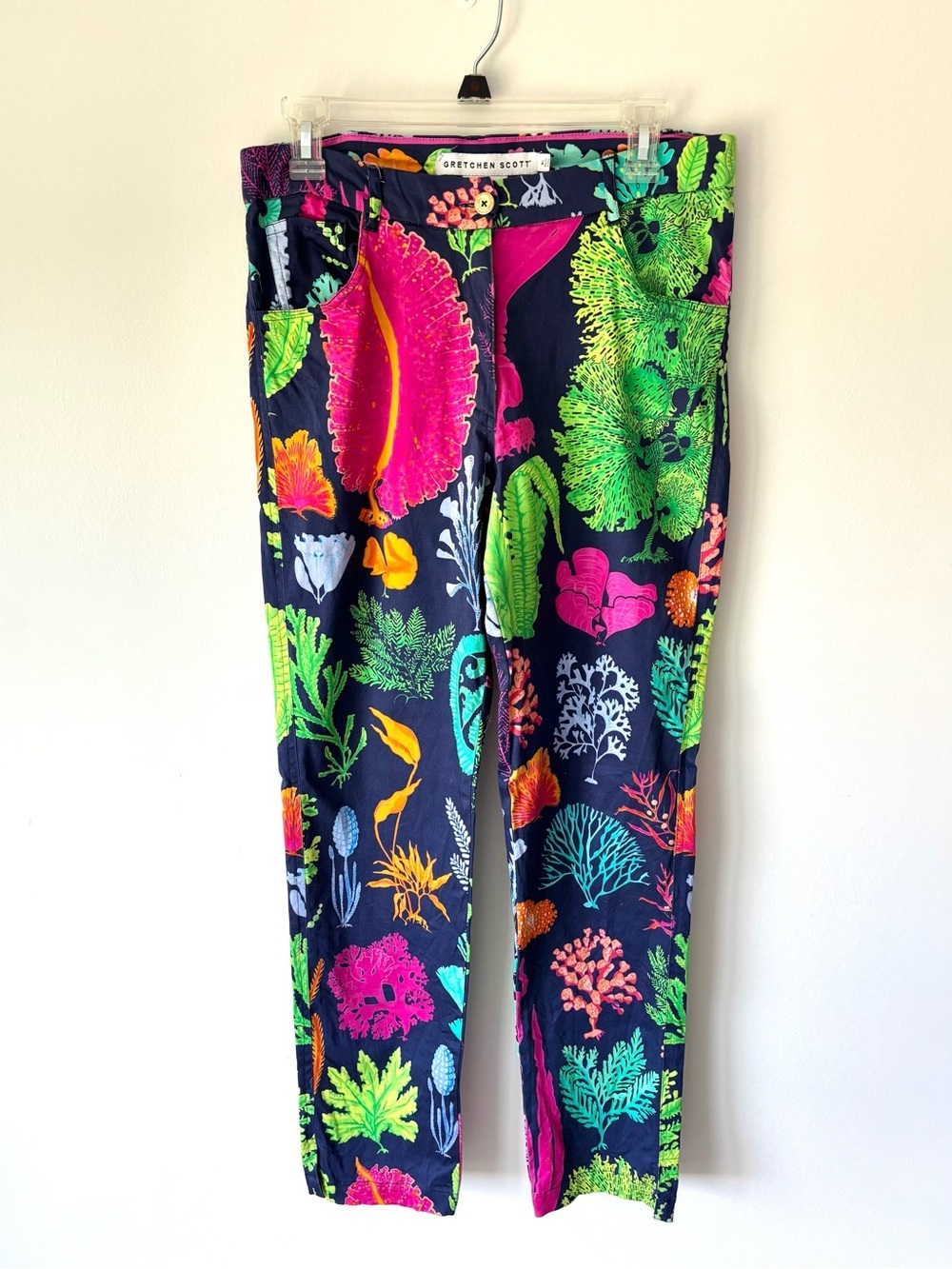 Gretchen Scott Navy Blue Pants Sea Way Ocean Neon Coral Pattern Resortwear Beach